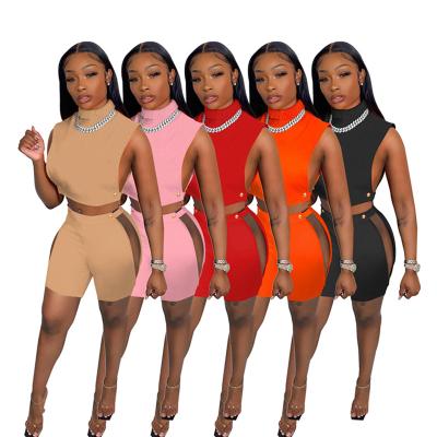 China 2022 Summer Sexy Women's Set Solid Color Breathable Sleeveless Women Sets Two-Piece Sets Turtle Hollow Two-Piece Neck Shorts for sale