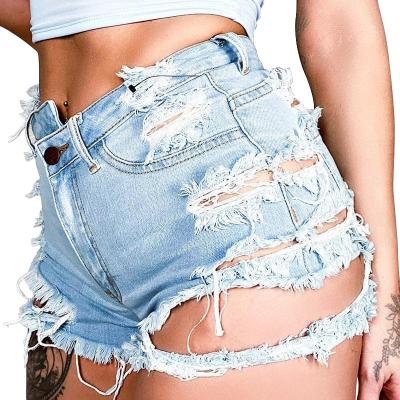 China Amazon Breathable Hot Sale Irregular Ripped Holes Exhaust Women Denim Shorts High Waist Distressed Women's Hot Jeans Shorts for sale