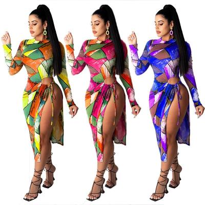 China 2021 breathable new fashion wholesale tie-dye print sexy long sleeve club dress slit dress for sale