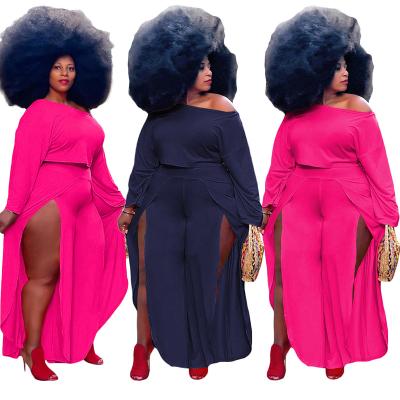 China 2022 QUICK DRY Autumn Plus Size Fashionable Long Sleeve Full Wide And Split Leg Solid Color Teams Set Two Piece Pants For Women for sale