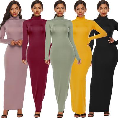 China 2022 Hot Selling European Style Breathable Women Fashion Causal Turtle Neck Solid Color Stretch Long Sleeve Slim Dress for sale