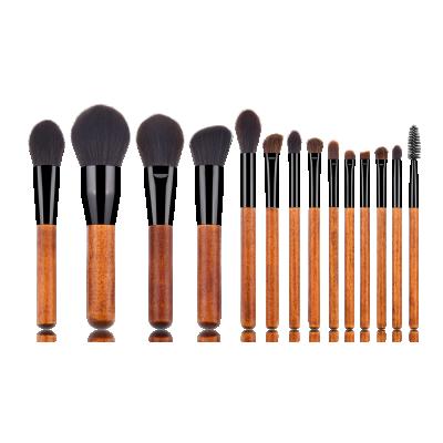 China Luxurious Design High End Wood Color 14 Pieces Bright Black Professional Black Brush Set Cosmetic Makeup Brushes Synthetic for sale