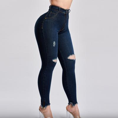 China Breathable 2021 New Arrivals Fashion Skinny dark Blue Denim Pants Ripped Distressed high waist curvy ladies jeans for sale