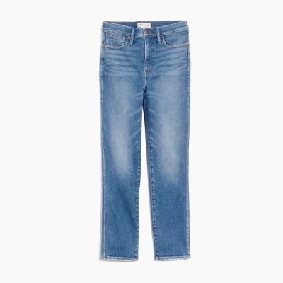 China 2021 custom stretch knee slit breathable skinny women jeans inseam super tall blue high rise long jeans for sale