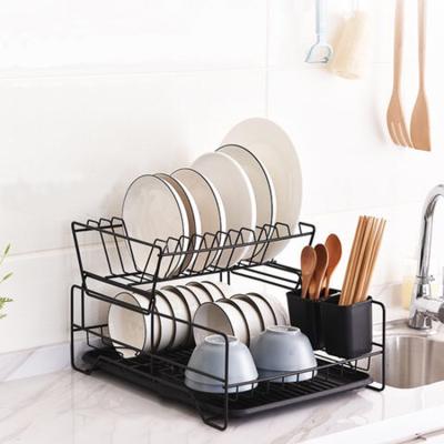 China Pinpinfamily New Stainless Steel Metal Workable 2 Tier Black Kitchen Over Sink Dish Storage Drying Drain Dish Rack for sale