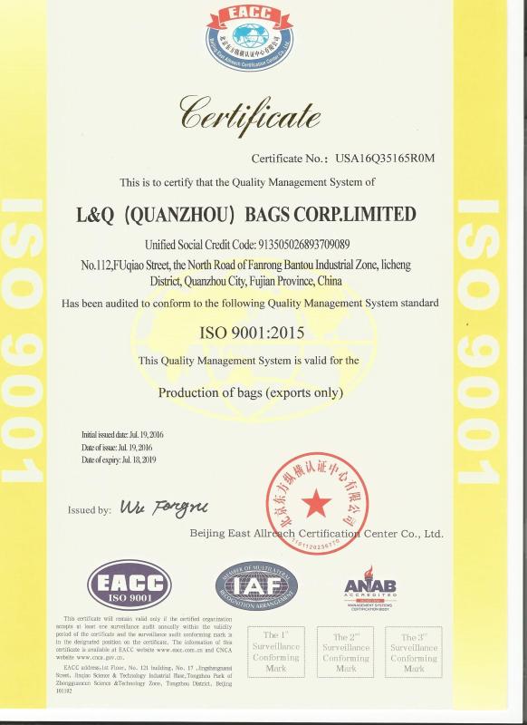 ISO 9001 - L&Q(Quanzhou) Bags Corp. Limited