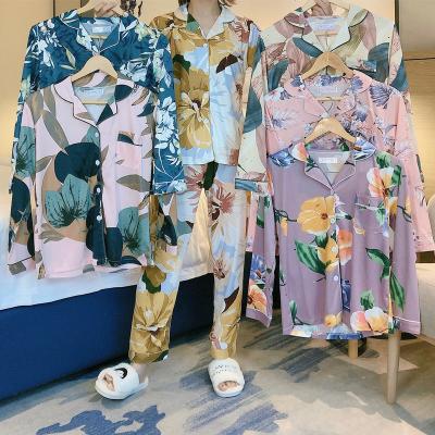 China Causal Nightgowns 2 Pcs Pajamas Women Floral Print Cardigan Lapel Pajamas QUICK DRY Sleepwear Ladies Long Sleeves Pants for sale