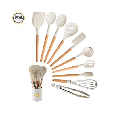 China Viable Milky White Wooden Handle 10 Pieces Set Non Stick Spatula And Spoon Kitchen Silicone Kitchen Tools Utensils Set Kitchen Utensils for sale