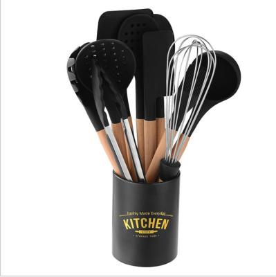 China Sustainable Black Wooden Handle 10 Pieces Set Home Kitchen Cooking Kitchen Utensils Set Silicone for sale