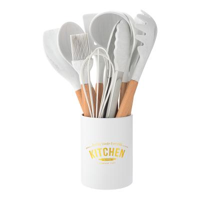 China Stocked 11 Pcs White Wooden Marbled Handle Silicone Kitchen Utensils Set Utensil De Silicon for sale