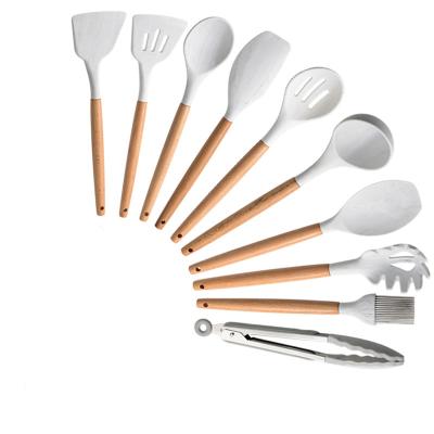 China Stocked 2021 Utensils 10 Pcs Silicone Cooking Utensils Set Marbled White Wood Handle Kitchen Bases Utensils for sale