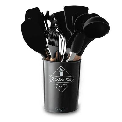 China Sustainable 11 Pcs Wooden Handle Black Cheap Kitchen Cookware Set China Kitchen Utensils for sale