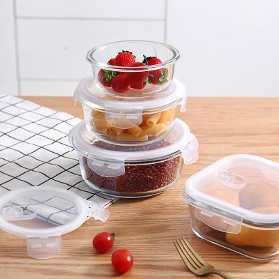 China Oven Safe Food Partitioned Heated 3 Size Microwavable Lunch Box Microwave Storage Container Clear Glass Crisper for sale