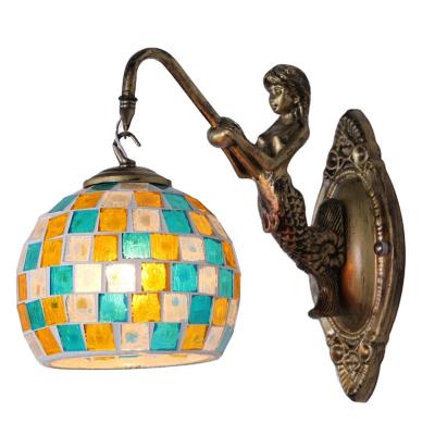 China Living Room Lights Mediterranean Style Stained Glass Wall Sconce Lighting With Vintage Mermaid Lamp Arm Brass Wall Lamp for sale