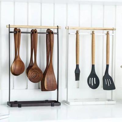 China Stocked 6 Hook Iron Multi-Functional Cooker Store Wooden Rod Handle Rack for sale