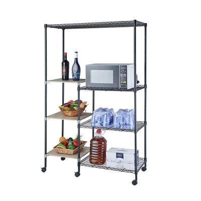 China Wholesale Viable Workmanship & Rack Wood Combination Storage Microwave Oven Display Black Metal Carbon Steel Wire Kitchen Shelving for sale