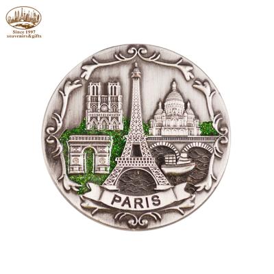 China 2018 fashion new product Paris idear souvenir circular zinc alloy embossed fridge magnet for sale