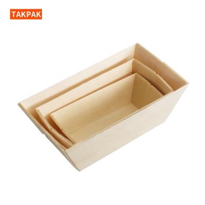 China Hot Selling Natural Disposable Baking Molds Cake Wooden Bread Boxes Dessert Pastry Wooden Tray for sale