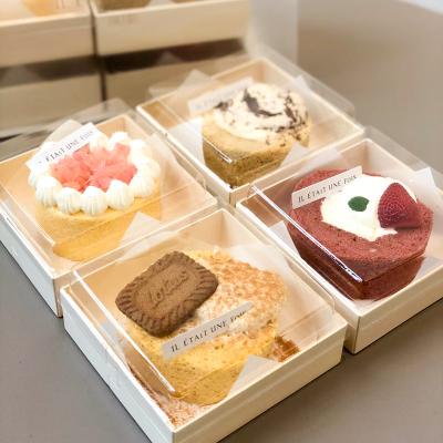 China Disposable Wooden Cake Salad Cookies Clamp Macaron Snack Biscuit Tiramisu Log Packing Box With PET Lid for sale