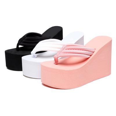 China Fashion Trend Solid Color Thick Bottom Slope Heel Flip Flops For Women Casual for sale