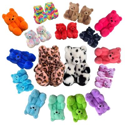 China Fashion Trend Design New Rainbow Colors Custom Made Bow Teddy Bear Slippers For Kids Children Plush Home Indoor Slippers for sale