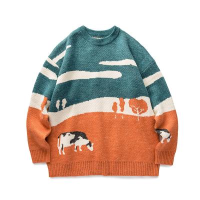 China New Style Breathable Cow Printing Hip Hop Retro Winter Knit Crewneck Men's Sweater for sale