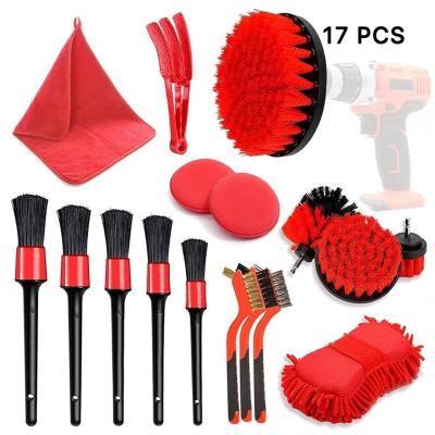 China Hotsale 17pcs Red PP/Plastic Drill Brushes Set Car Detailing Brush For Auto Wheel Tire Wash for sale