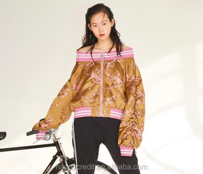 China Anti-Shrink Off Shoulder Flowers Jacquard Brocade Satin Varsity Bomber Jacket Custom In Guangzhou for sale