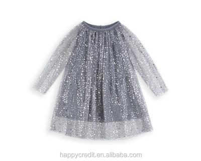 China Breathable Kid Clothes Dress Silver Stars Printed Long Sleeve Gray Girls Soft Tutu Dress 2-12 Years Old for sale