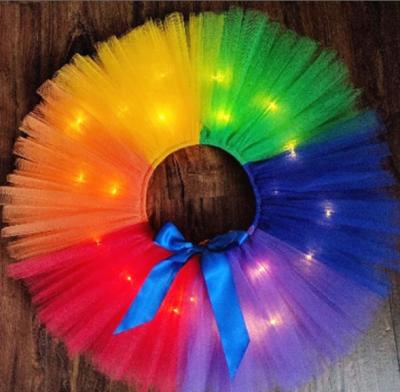 China Custom Anti-wrinkle Kids Skirt Mesh Tutu Fluorescence Rainbow Festival Performance Girl Skirt for sale