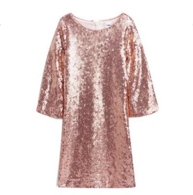 China Breathable 6 to 14 Years Bell Sleeves Rose Gold Sequin Dress Kids Clothes Girl Dress for sale