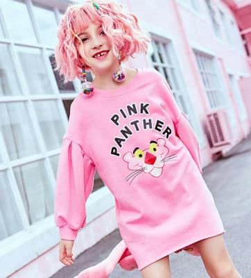 China French Terry Dress Lantern Sleeve Pink Long Cut Pullover Girls Breathable Cotton Sweatshirt Printed Kids Sweatshirt for sale