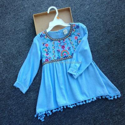 China Canvas Embroidery Azure Sky Tunic Unique Design Boho Girls Cotton Rainbow Blouse Kids Clothing Anti Shrink With Pompoms Tassels for sale