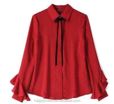 China Anti-pilling 100% Polyester Chiffon Button Up Ruffle Female Blouses With Detachable Velvet Bow Tie for sale