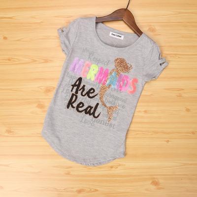 China Girls Anti Shrink Glitter Printing Mermaid Curve Line Kids Gray Heahter T Shirt Made In Guangzhou for sale