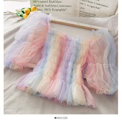 China Wholesale OEM Breathable Service Rainbow Lace Crop Tops Puff Sleeve Mesh Tops For 2-14Years for sale