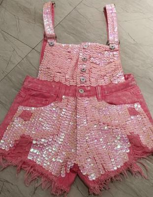 China Sustainable Sparkle Sequined Jumpsuit Denim Shorts Overalls For Women Womens Sequin Overalls for sale