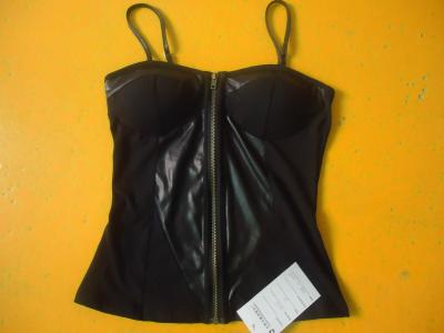 China Sexy Black Spaghetti Strap Top , PU Leather Bust Pad Inside Ladies Zip Up Tops for sale