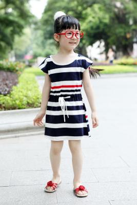 China Multi Strips Girls Plain Cotton Dress , Little Girls Casual Dresses With Drawstrings Waist for sale