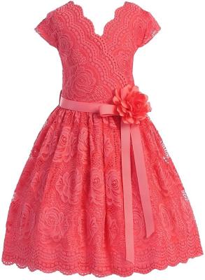 China Coral V Neck Cap Sleeves Little Girls Holiday Dresses , Kids Birthday Frocks Rose Lace Flower Belt for sale