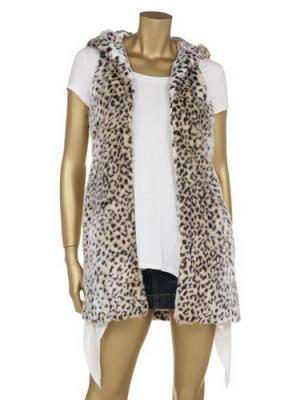 China Leopard Printing Fashionable Winter Coats Faux Fur Full Lining Sleeveless Hooded Jacket for sale