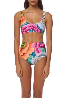 China Van de de Kostuumsband van hoge Bloemen de Drukvrouwen van Waisted Zwemmende Knoop 2 PCs-Reeksen Swimwear Te koop