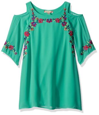 China Girls off shoulders half sleeves rose embroidery coral chiffon  tunic dress for sale