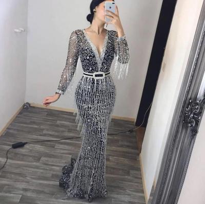 China Anti-Static Vestidos De Fiests Wedding Dress Long V-Neckline Bronzing Noble Tassel Evening Dresses for sale