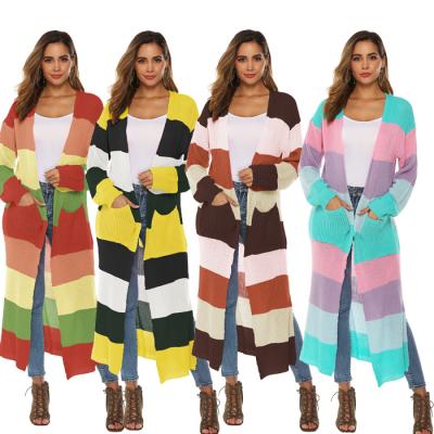 China 2021 Autumn Breathable Women Clothes Casual Striped Contrast Long Sleeve Coats Long Sweater for sale