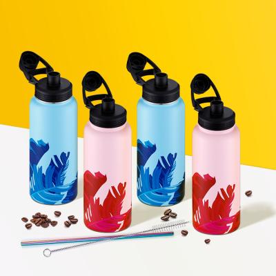 China 32oz40oz Sustainable Eco Friendly Wide Mouth DW Vacuum Insulated Sports Water Bottle Stainless Steel Water Bottles Spout Handle SSstraw Lids for sale