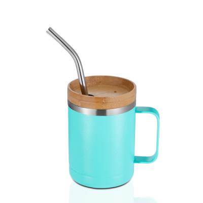 China 12oz/14oz Sustainable Insulated Vacuum Tumbler Double Wall Stainless Steel Mug With Outer Handle Coffee Mug With Bamboo Lid SS Straw for sale