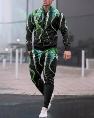 China Breathable Men Printed Long Sleeve Zipper Suit Green Squid Feet Pattern Personality Printed Men's Zipper Casual Jacket Two Piece Set for sale