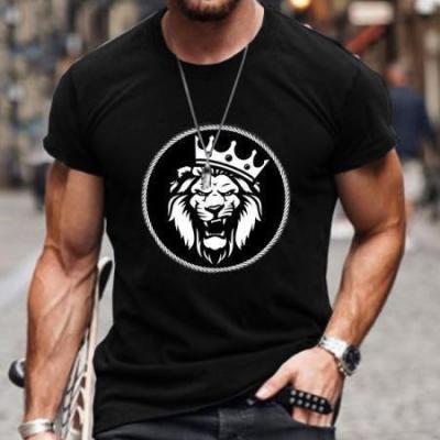 China Anti-pilling Men's New Arrival Lion King Pattern Machine Printing Round Neck Tee All Match Classic Men's Black T-Shirt for sale