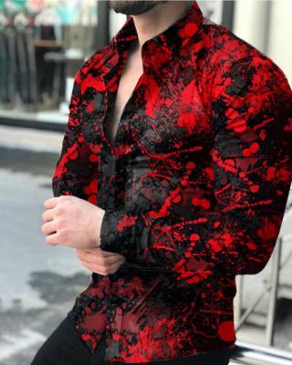 China Anti-pilling Red Black Ink Painting Printed Male Autumn Winter Long Sleeve Shirt High Grade Men's Oversized Shirts for sale